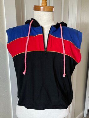 Marika 90s Sleeveless Muscle Tee Hoodie Red, Yellow, Blue Stripe - Black M/L